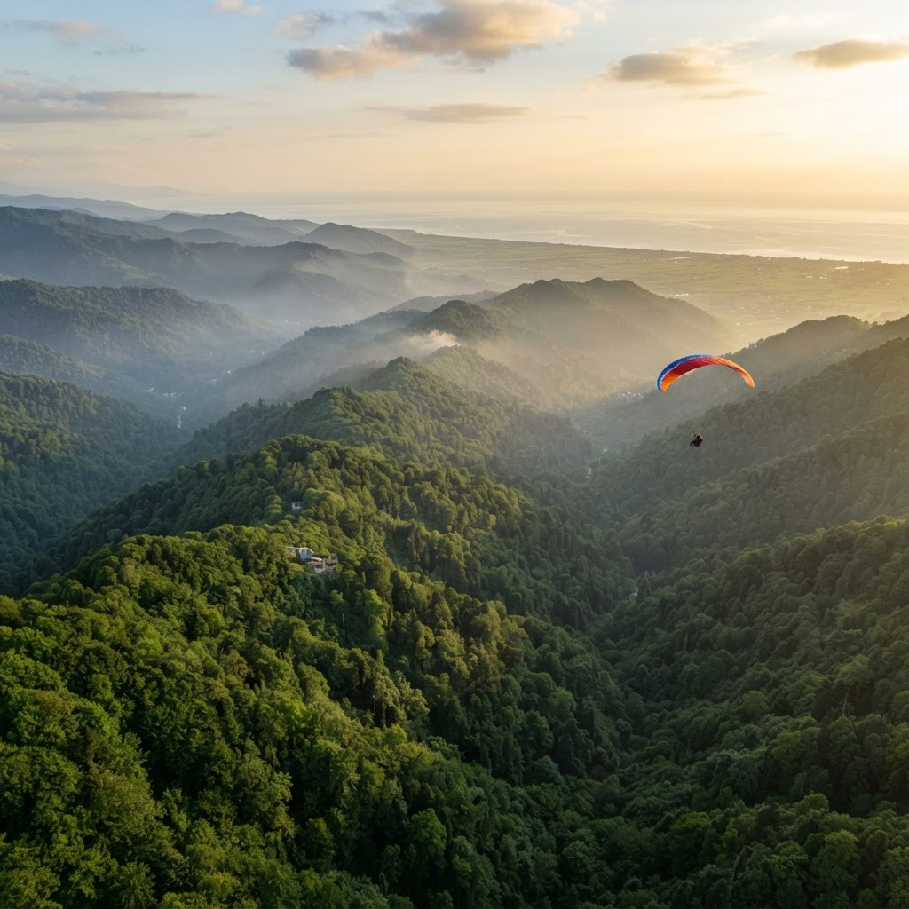 نمای هوایی از کوهستان‌های سرسبز گیلان و دریای خزر